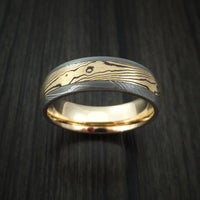 Damascus Steel Ring with Yellow Gold Mokume and Yellow Gold Sleeve Custom Made Band