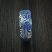 Marbled Kuro Damascus Steel and Ridgeway Blue Cerakote Ring Custom Made Band