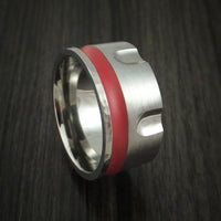 Titanium Revolver Ring with Red Cerakote Inlay and Hammered Edge Custom Made