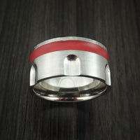 Titanium Revolver Ring with Red Cerakote Inlay and Hammered Edge Custom Made
