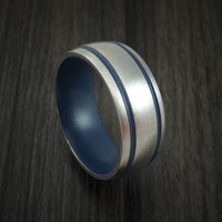Titanium Ring with Civil Defense Blue Cerakote Grooves and Sleeve Custom Made Band