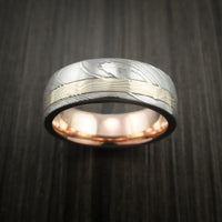 Damascus Steel and Mokume Ring with Rose Gold Sleeve Wedding Band Custom Made