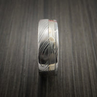 Damascus Steel and Mokume Ring with Rose Gold Sleeve Wedding Band Custom Made