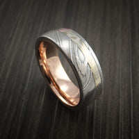 Damascus Steel and Mokume Ring with Rose Gold Sleeve Wedding Band Custom Made