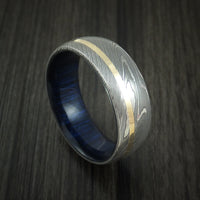 Damascus Steel Ring with 14K Yellow Gold Inlay and Blueberry Wood Hardwood Sleeve Custom Made Wood Band