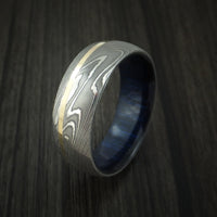 Damascus Steel Ring with 14K Yellow Gold Inlay and Blueberry Wood Hardwood Sleeve Custom Made Wood Band