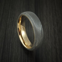 Damascus Steel Ring with 14k Yellow Gold Sleeve Custom Made Band