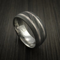 Damascus Steel Ring with White Gold Inlays Custom Made Band