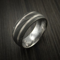 Damascus Steel Ring with White Gold Inlays Custom Made Band