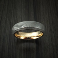 Damascus Steel Ring with 14k Yellow Gold Sleeve Custom Made Band