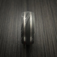 Damascus Steel Ring with White Gold Inlays Custom Made Band