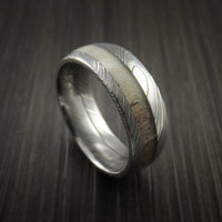 Deer Antler Ring inlaid in Solid Damascus Steel Hunters Wedding Band Custom Made