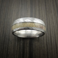 Deer Antler Ring inlaid in Solid Damascus Steel Hunters Wedding Band Custom Made