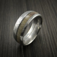 Deer Antler Ring inlaid in Solid Damascus Steel Hunters Wedding Band Custom Made