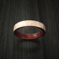 14K Rose Gold Band with Distressed Finish and Red Heart Wood Sleeve Custom Made