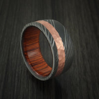 Damascus Steel and Hammered Copper Ring with Cocobolo Hardwood Sleeve Custom Made