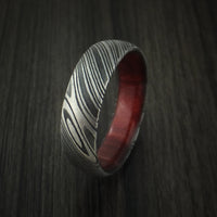 Kuro Damascus Steel Ring with Red Heart Wood Hardwood Sleeve Custom Made Wood Band