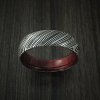 Kuro Damascus Steel Ring with Red Heart Wood Hardwood Sleeve Custom Made Wood Band