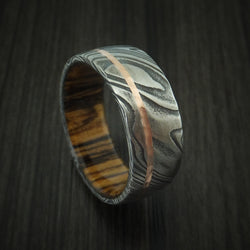 Kuro Damascus Steel Ring with 14K Rose Gold Inlay and Bocote Hardwood Sleeve Custom Made Wood Band