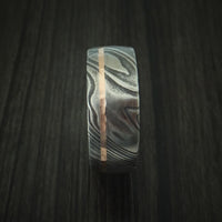 Kuro Damascus Steel Ring with 14K Rose Gold Inlay and Bocote Hardwood Sleeve Custom Made Wood Band