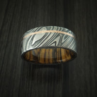 Kuro Damascus Steel Ring with 14K Rose Gold Inlay and Bocote Hardwood Sleeve Custom Made Wood Band