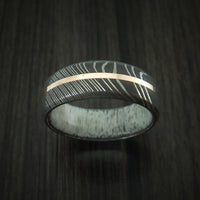 Damascus Steel Ring with 14K Rose Gold Inlay and Antler Sleeve Custom Made Wood Band