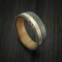 Damascus Steel Band with 14k Yellow Gold and Olive Wood Sleeve Custom Made