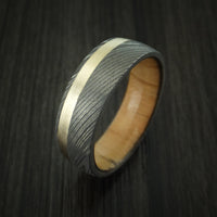 Damascus Steel Band with 14k Yellow Gold and Olive Wood Sleeve Custom Made