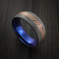 Damascus and 14k Rose Gold Mokume Gane Ring with Anodized Titanium Sleeve Custom Made