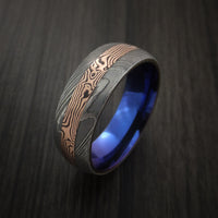 Damascus and 14k Rose Gold Mokume Gane Ring with Anodized Titanium Sleeve Custom Made