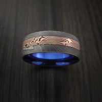 Damascus and 14k Rose Gold Mokume Gane Ring with Anodized Titanium Sleeve Custom Made