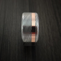 Damascus Steel Wide 14K Rose Gold Ring Wedding Band Custom Made
