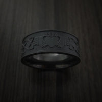 Black Zirconium Celtic Irish Claddagh Ring Hands Clasping Heart Band Carved