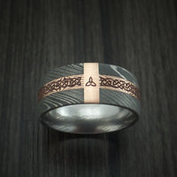 Damascus Steel Celtic Ring with 14K Rose Gold and Mokume Shakudo Custom Made