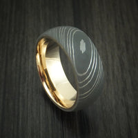 Damascus Steel Ring with 14k Yellow Gold Sleeve Custom Made Band