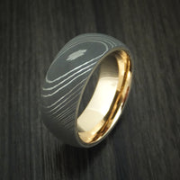Damascus Steel Ring with 14k Yellow Gold Sleeve Custom Made Band