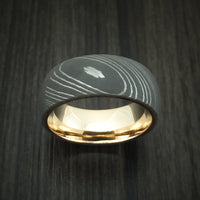 Damascus Steel Ring with 14k Yellow Gold Sleeve Custom Made Band