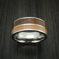 Titanium Ring with Guitar String and Whiskey Barrel Wood Inlays Custom Made Band