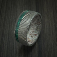 Damascus Steel Ring with Malachite and Antler Custom Made