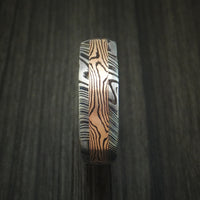Kuro Damascus Steel Ring with 14K Rose Gold Mokume Shakudo Inlay and Desert Ironwood Burl Wood Sleeve Custom Made Band