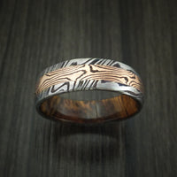 Kuro Damascus Steel Ring with 14K Rose Gold Mokume Shakudo Inlay and Desert Ironwood Burl Wood Sleeve Custom Made Band