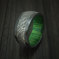 Black Zirconium and Hammered Damascus Steel Band with Hardwood Sleeve Custom Made Ring