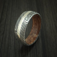 Kuro Damascus Steel Ring with 14K White Gold Inlay and Maple Burl Hardwood Sleeve Custom Made Band