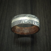 Kuro Damascus Steel Ring with 14K White Gold Inlay and Maple Burl Hardwood Sleeve Custom Made Band