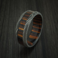 Damascus Steel Ring with Ember Wood Inlay and Sleeve Custom Made Thick Band