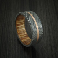 Damascus Steel Band with 14k Rose Gold and Teak Hardwood Sleeve Custom Made