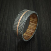 Damascus Steel Band with 14k Rose Gold and Teak Hardwood Sleeve Custom Made