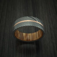 Damascus Steel Band with 14k Rose Gold and Teak Hardwood Sleeve Custom Made