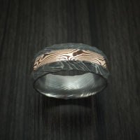 Damascus Steel and 14K Rose Gold Mokume Shakudo Rock Hammered Band Custom Made