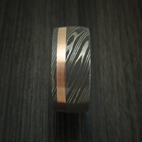 Damascus Steel Band with 14k Rose Gold and English Oak Wood Sleeve Custom Made